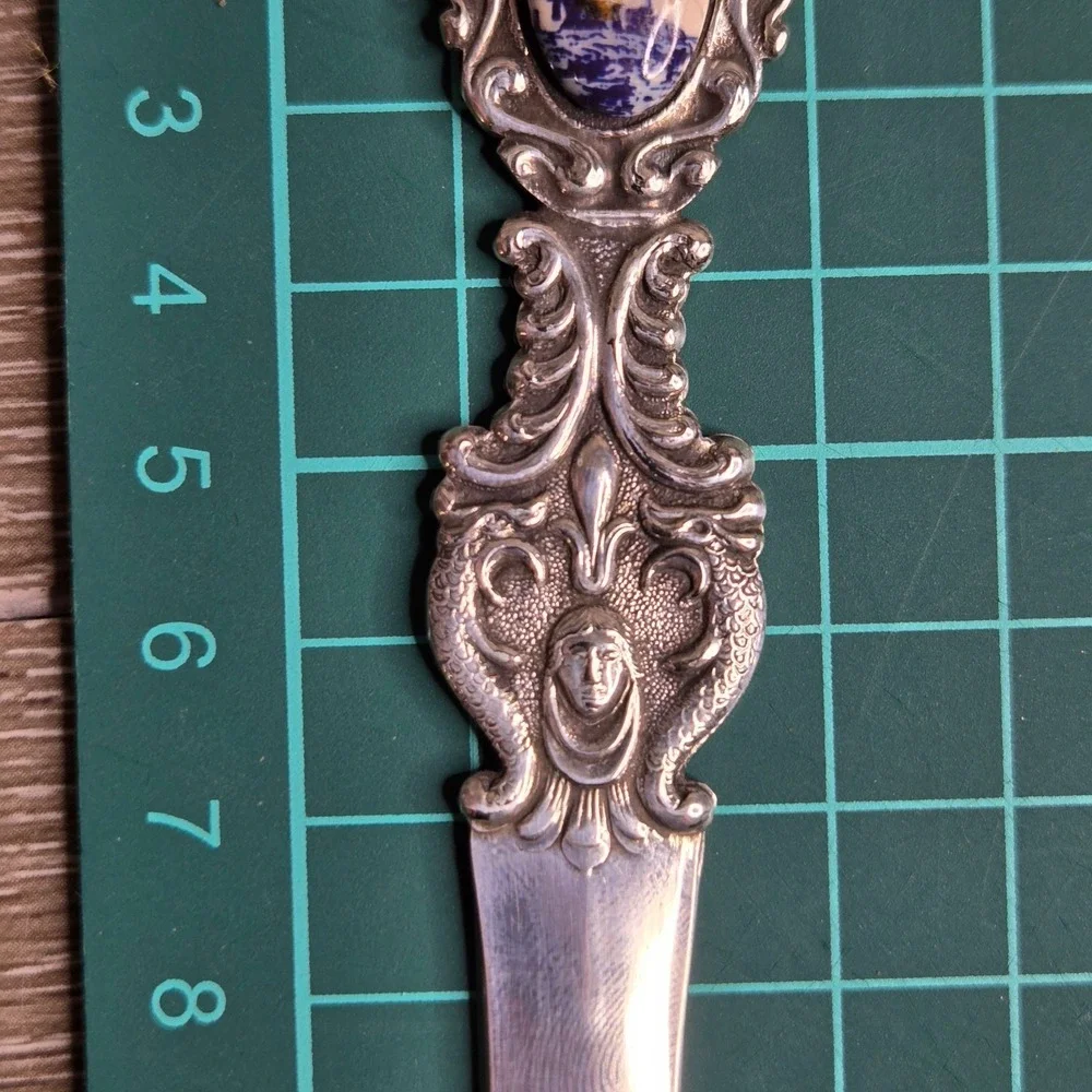 Vintage 800 Silver Ornate Letter Opener w/ Porcelain Windmill Scene 34g European